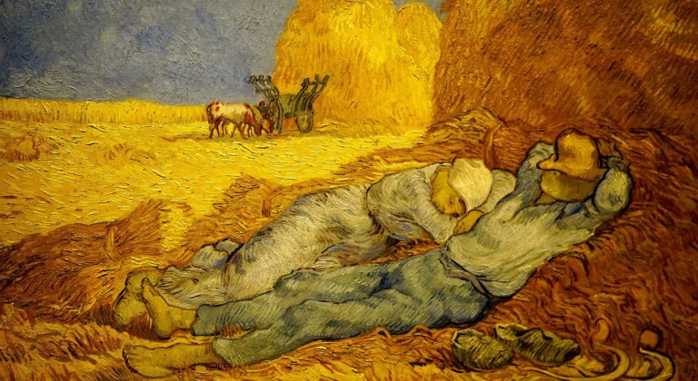 Schilderij van boeren die rusten in hooi door Vincent van Gogh